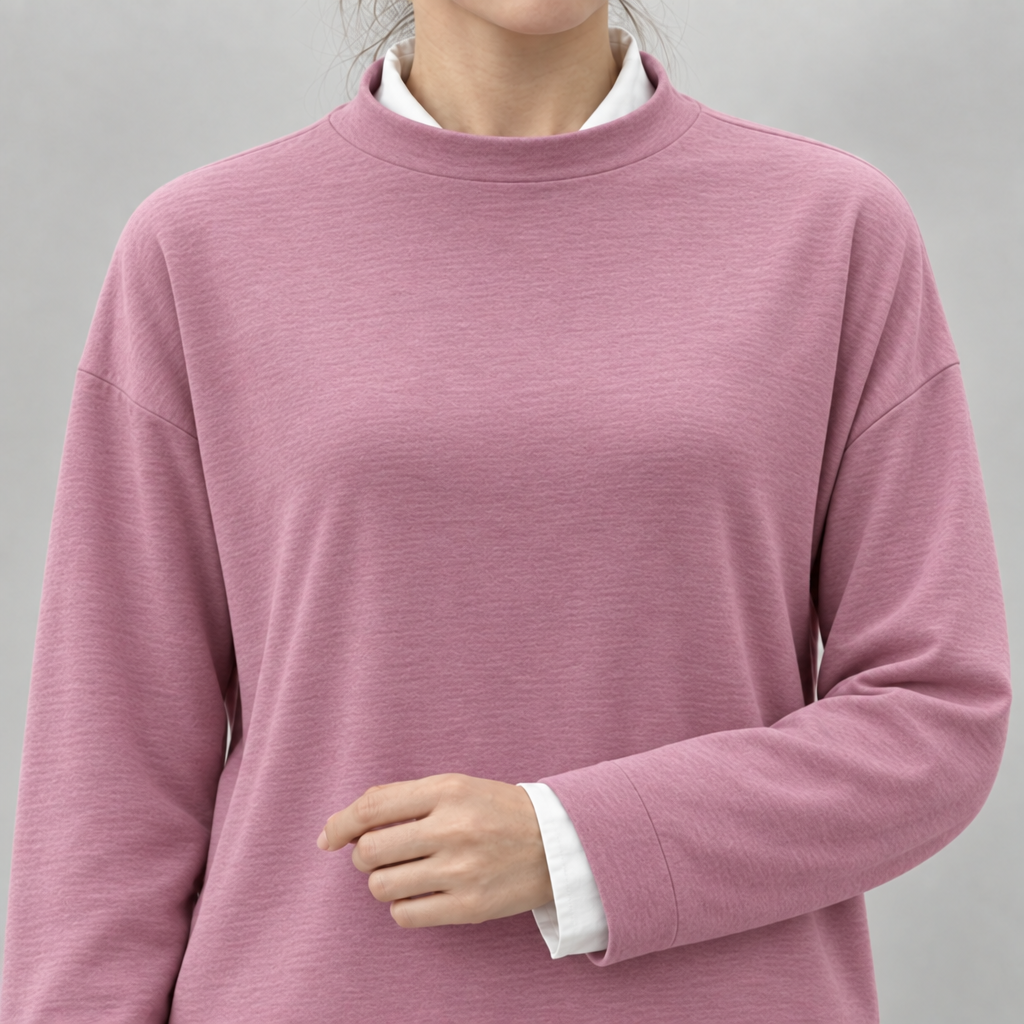 Close-up of the soft lightweight fabric of the pink round neck jumper