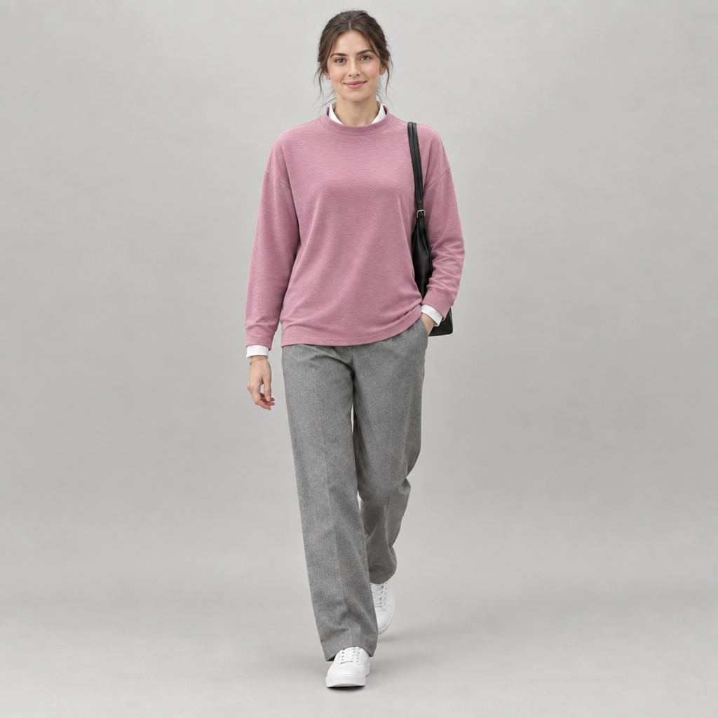Model walking in a pink lightweight round neck jumper with grey trousers