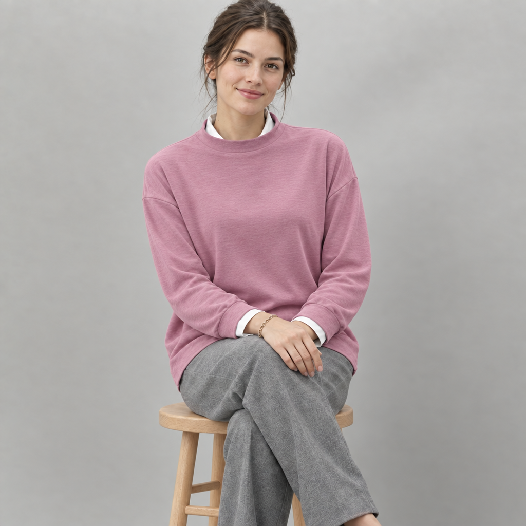 Model seated wearing a pink lightweight round neck jumper over a white shirt