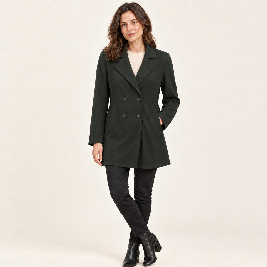 Military green double-breasted collared coat in a lightweight fabric, worn by a model