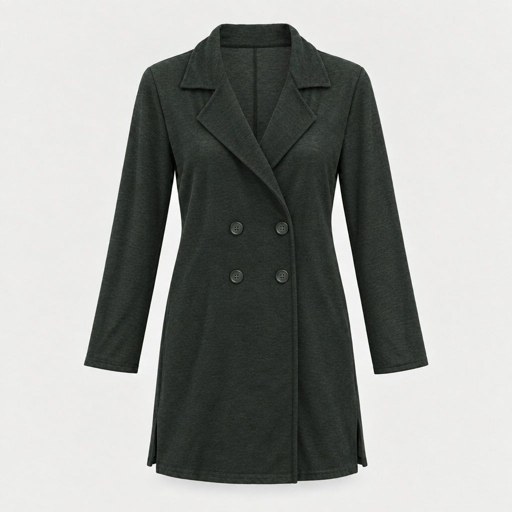 Military green double-breasted collared coat front view with four buttons