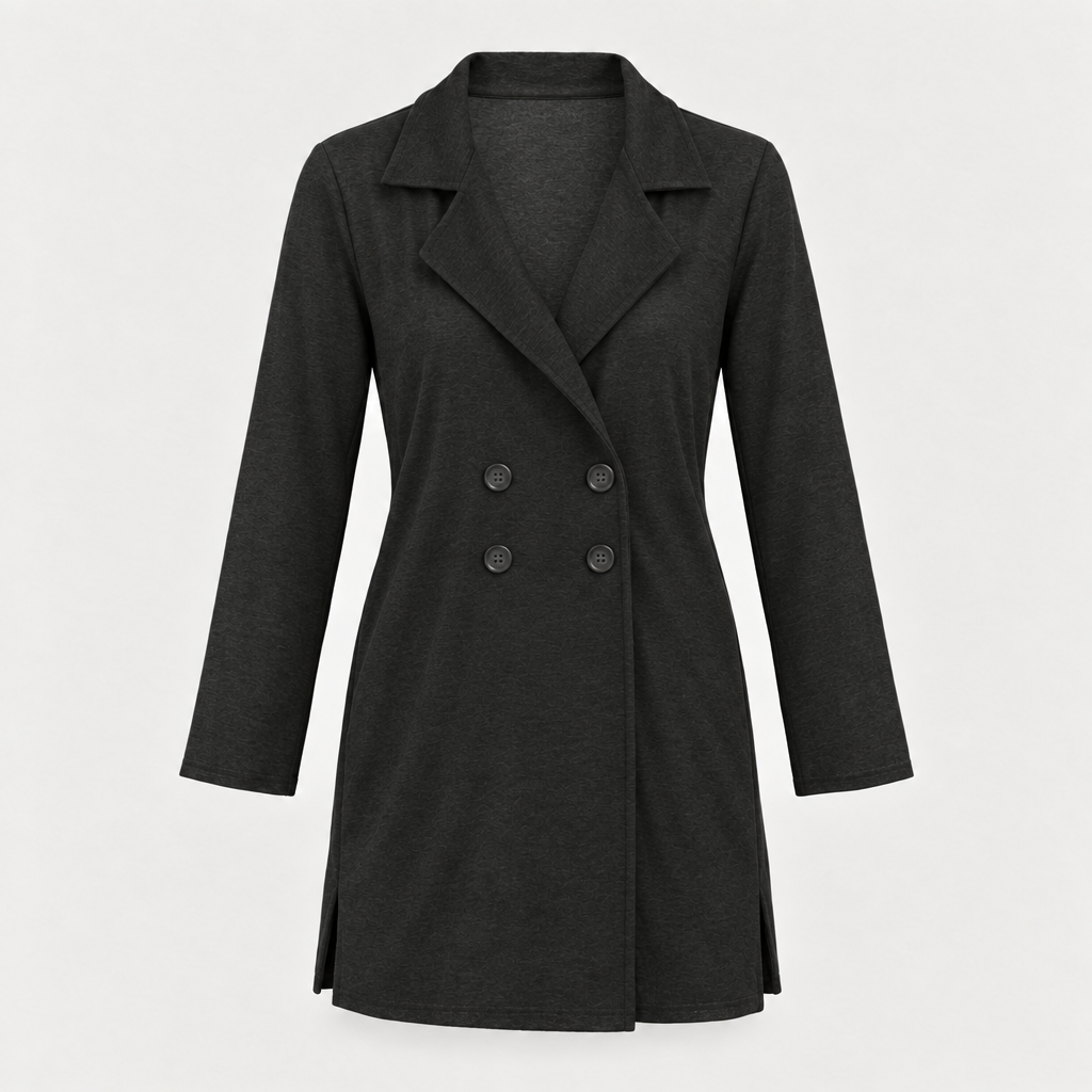 Brown double-breasted collared coat front view with four buttons