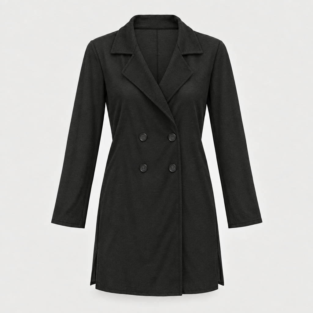 Black double-breasted collared coat front view with four buttons