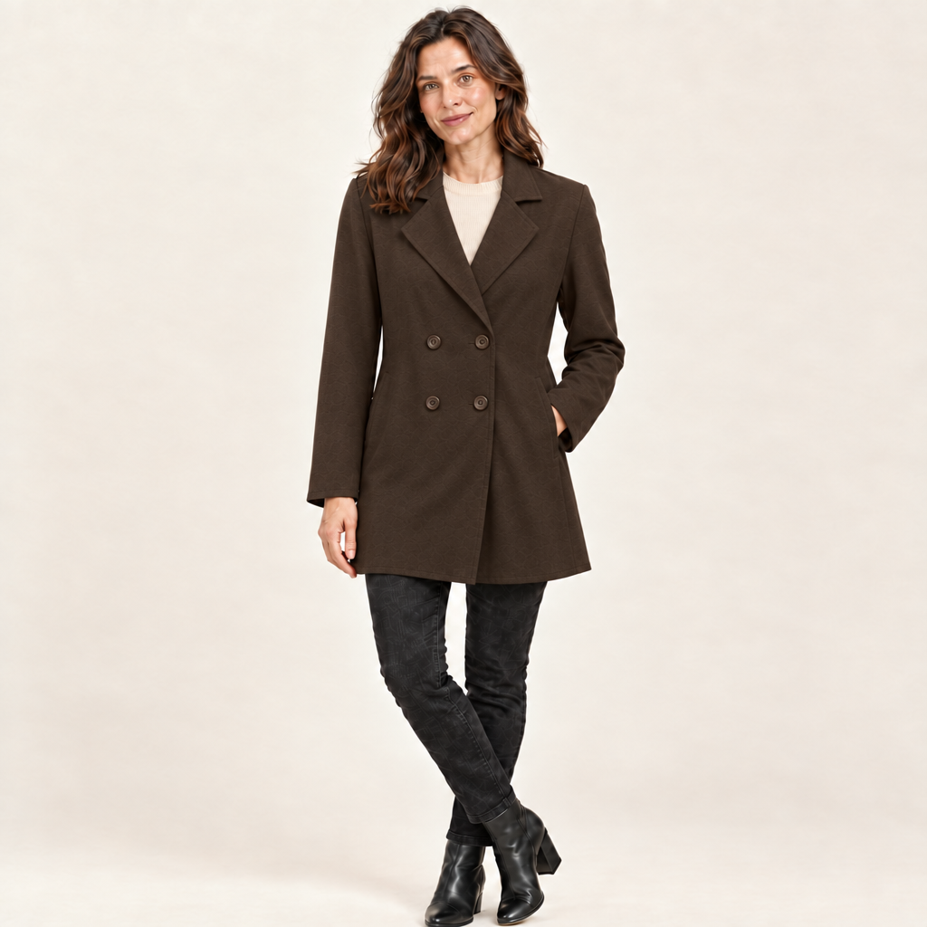 Brown double-breasted collared coat in a lightweight fabric, worn by a model