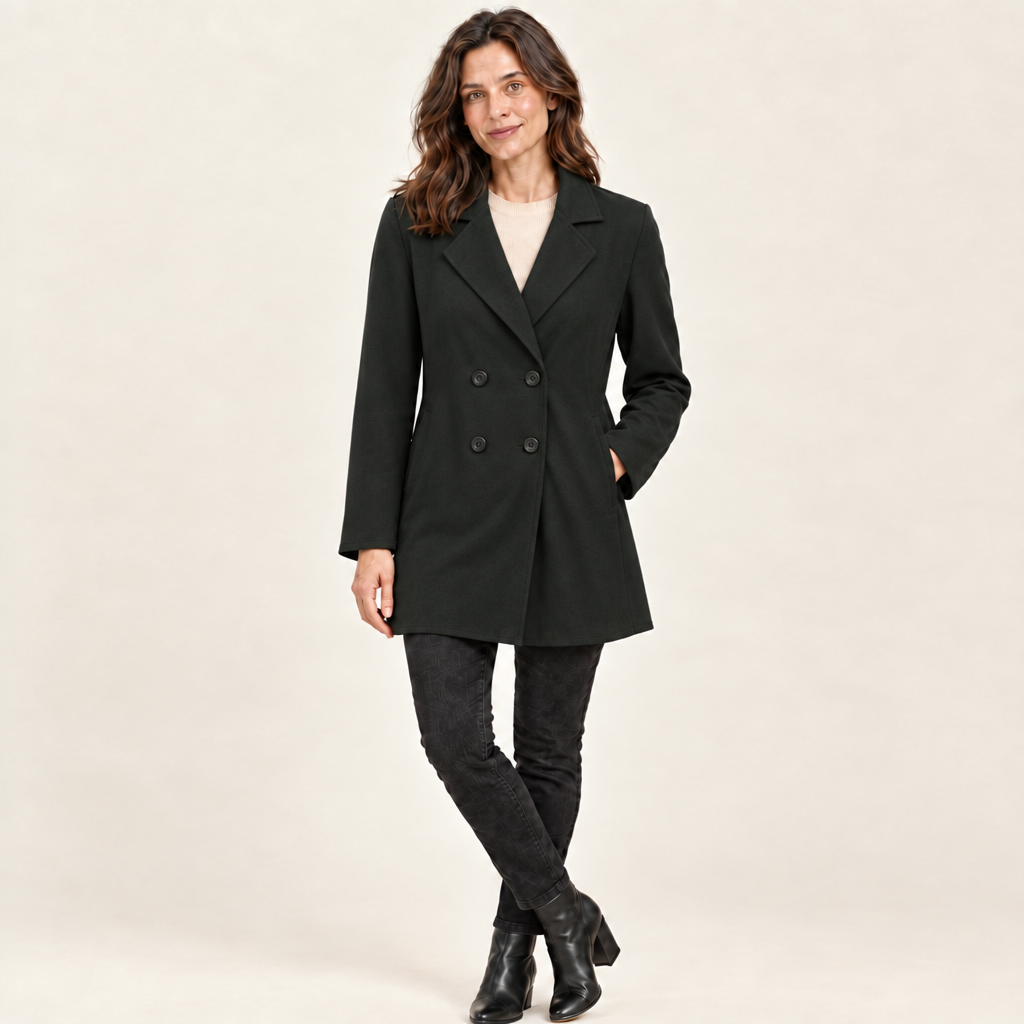 Black double-breasted collared coat in a lightweight fabric, worn by a model