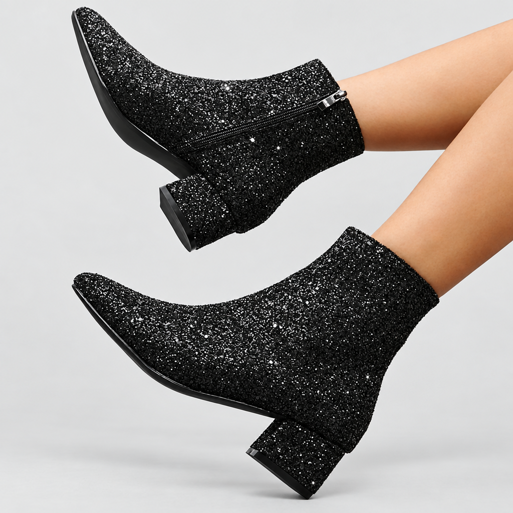 Glitter Ankle Boots Sparkling Party Heel in black, front view