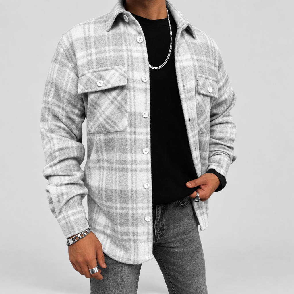 Check Shacket Button Down Brushed Flannel in ash grey, front view