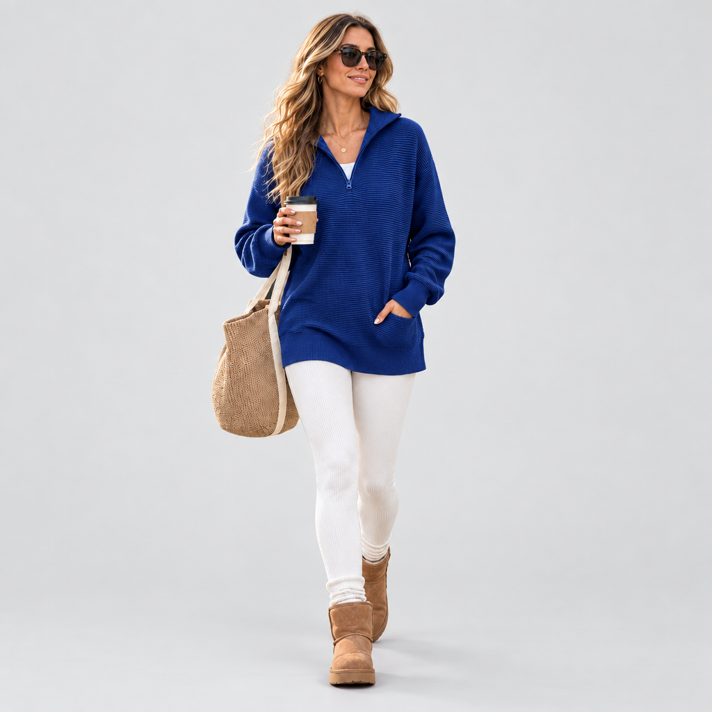 Half-Zip Ribbed Jumper Thumbhole Sleeves Relaxed in blue, front view