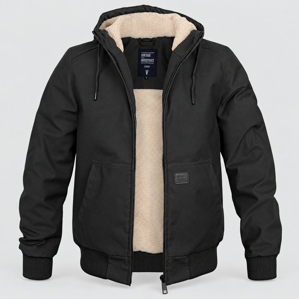 Transition Jacket Hooded Ribbed Cuffs in black, front view