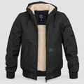 Transition Jacket Hooded Ribbed Cuffs in black, front view