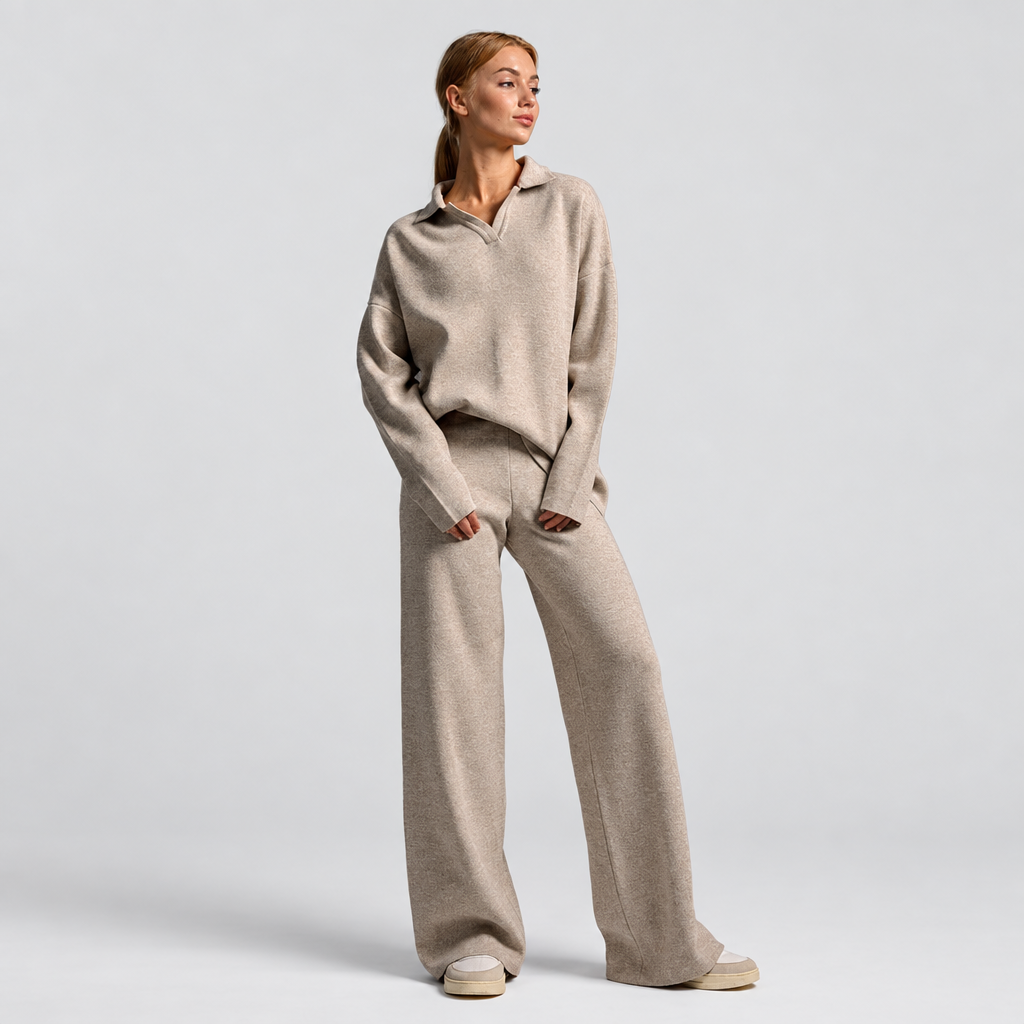 Trouser Set Polo Jumper Wide Leg in cream, front view