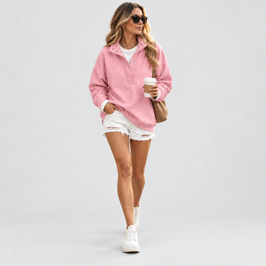 Oversized Sweatshirt Snap Collar Fleece Lined in pink, front view