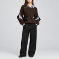 Layered Knit Jumper Contrast Collar Cuffs in dark brown, front view