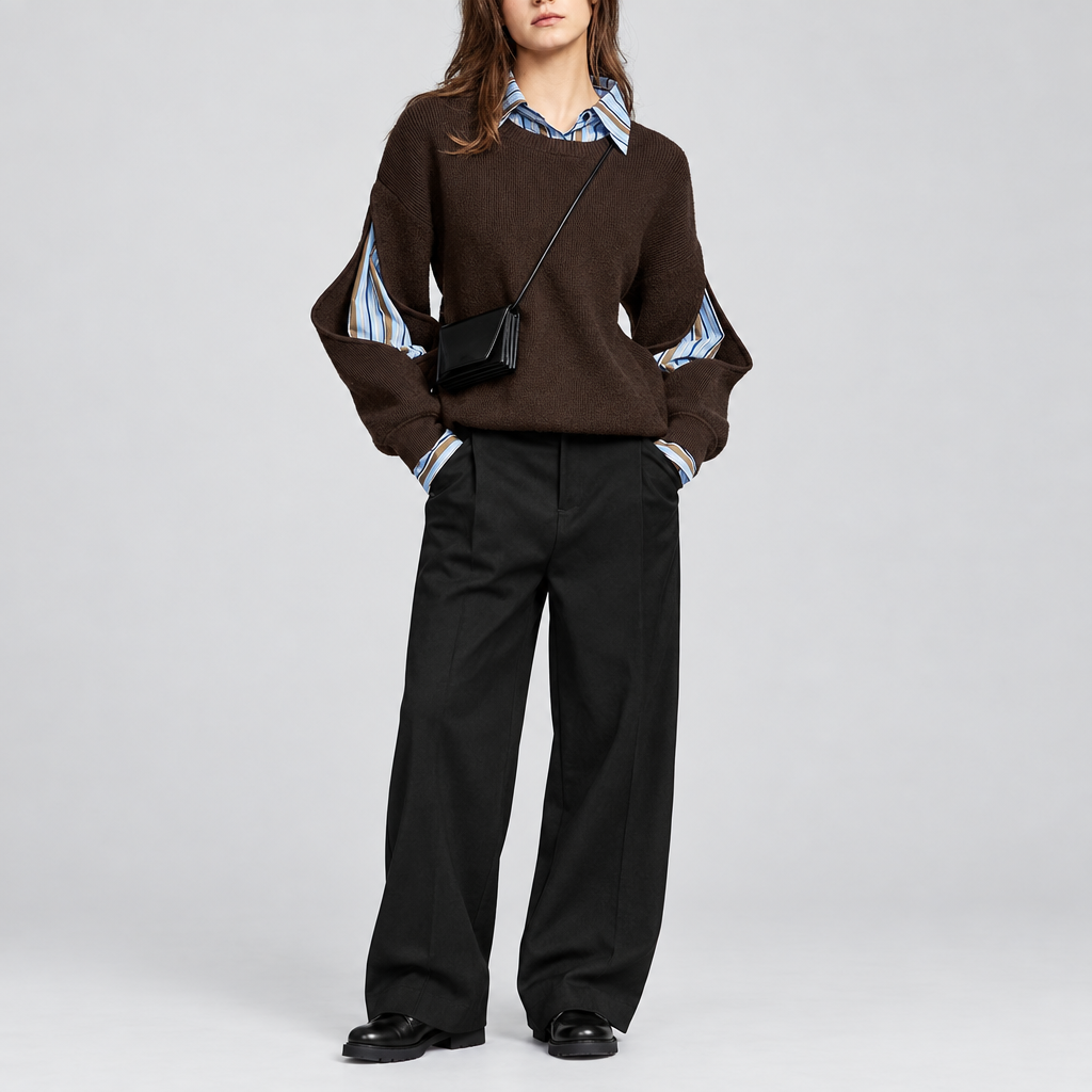 Layered Knit Jumper Contrast Collar Cuffs in dark brown, front view