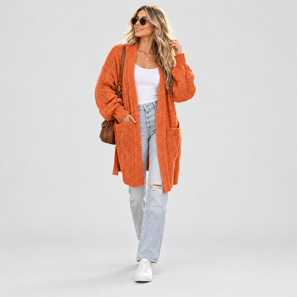Cable Knit Cardigan Longline Balloon Sleeves in orange, front view
