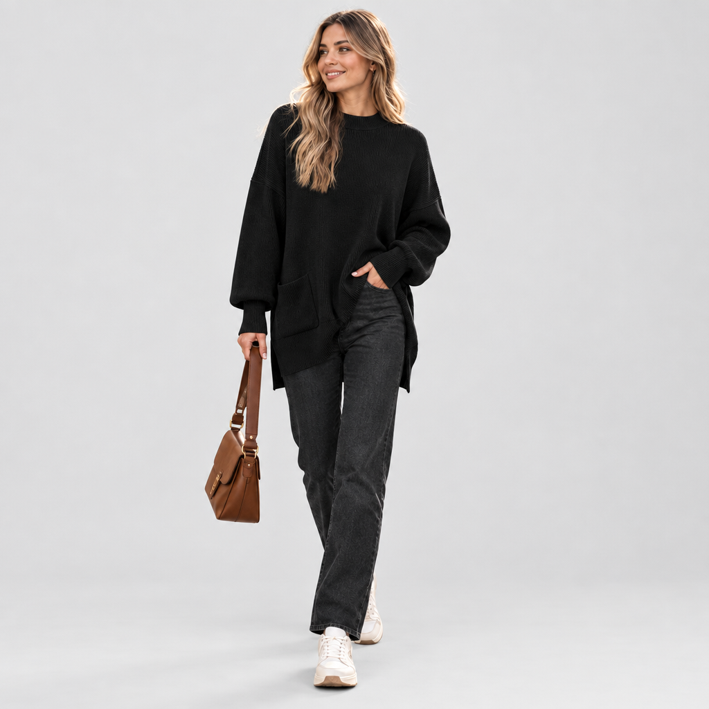 Oversized Ribbed Jumper High Neck Side Slits in black, front view
