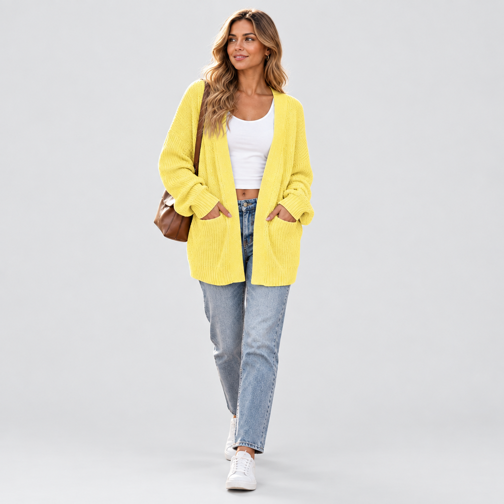 Oversized Cardigan Open Front Patch Pockets in yellow, front view