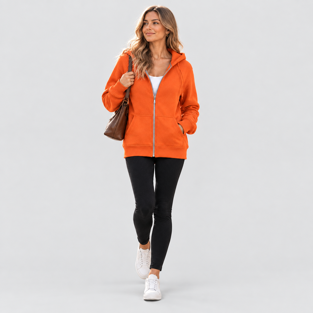 Zip Hoodie Fitted Soft Fleece Pockets in orange, front view
