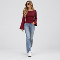 Ribbed Knit Top Boat Neck Flared Sleeves in red, front view