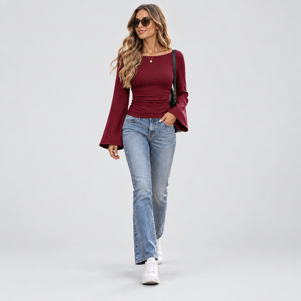 Ribbed Knit Top Boat Neck Flared Sleeves in red, front view