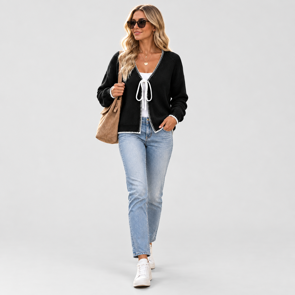 Tie Front Cardigan Contrast Trim Lightweight in black, front view