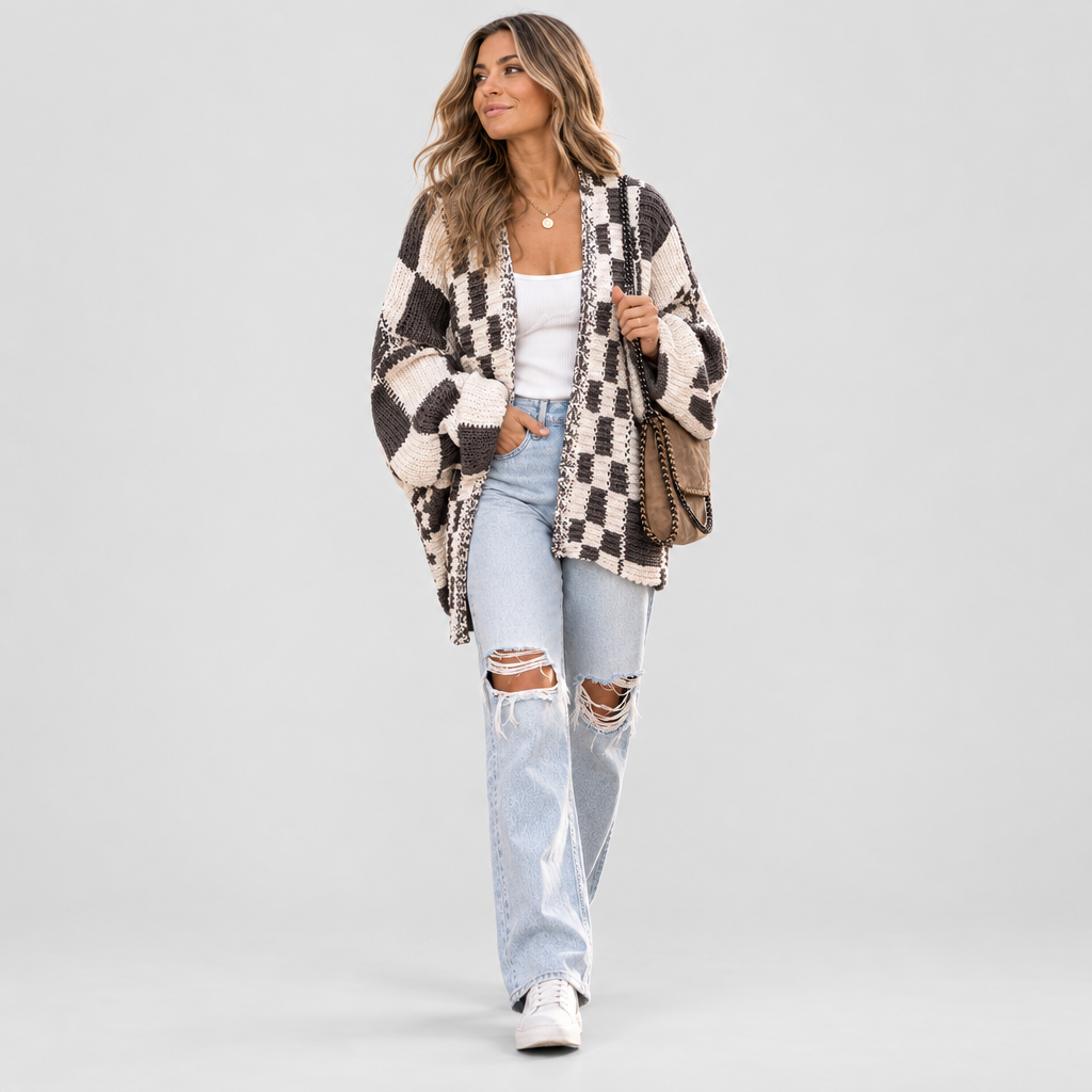 Checked Knit Cardigan Oversized V Neck in grey, front view