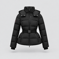Belted Puffer Jacket Detachable Hood in black, front view