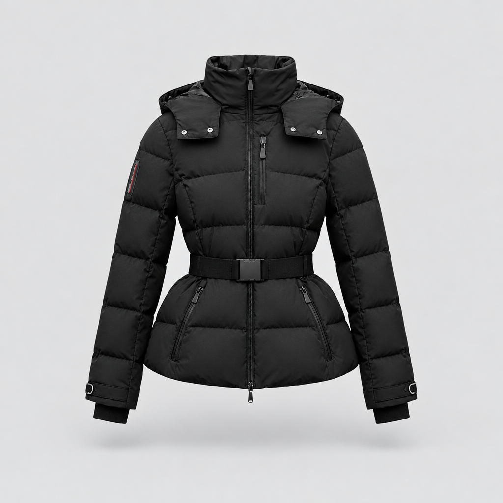 Belted Puffer Jacket Detachable Hood in black, front view
