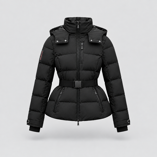 Belted Puffer Jacket Detachable Hood in black, front view