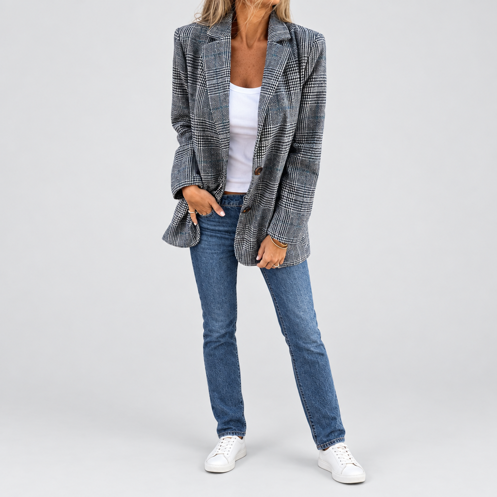 Plaid Cotton Blazer Classic Lapel in black, front view