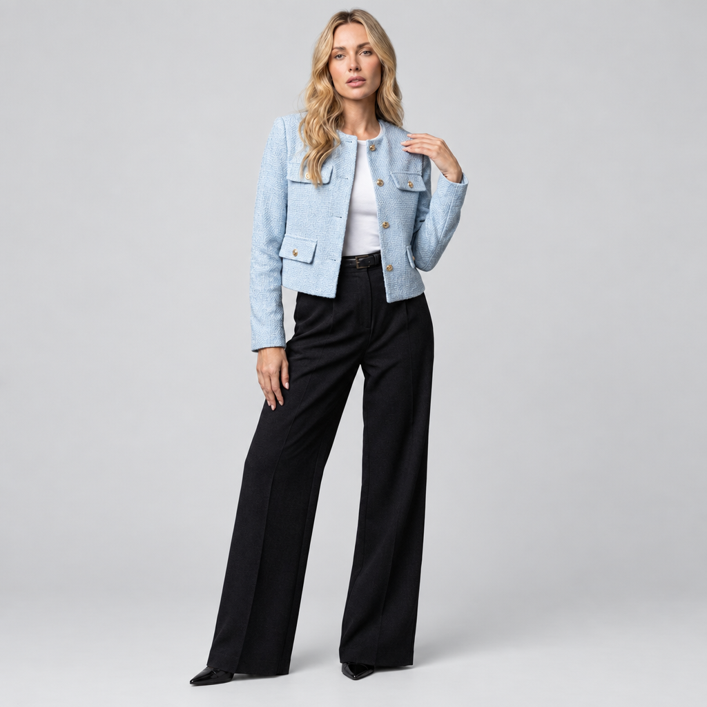 Cropped Tweed-Look Blazer Gold Buttons in light blue, front view