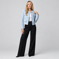 Cropped Tweed-Look Blazer Gold Buttons in light blue, front view
