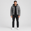 Quilted Puffer Jacket Drawstring Hood Zip Pockets in grey, front view