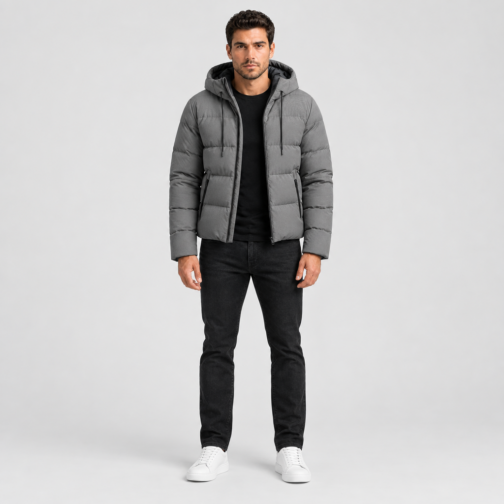 Quilted Puffer Jacket Drawstring Hood Zip Pockets in grey, front view