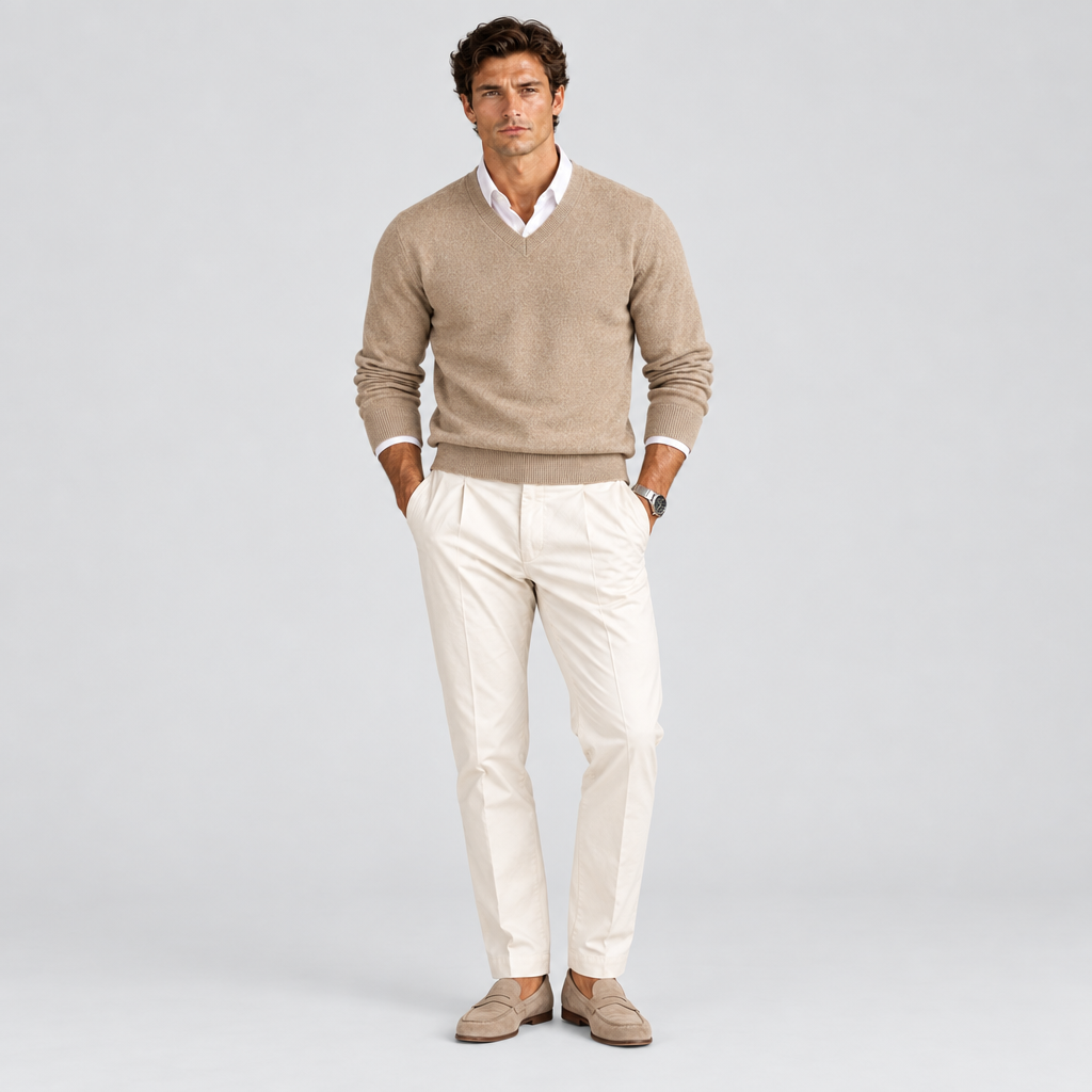V-Neck Jumper Fine Knit Tailored in beige, front view