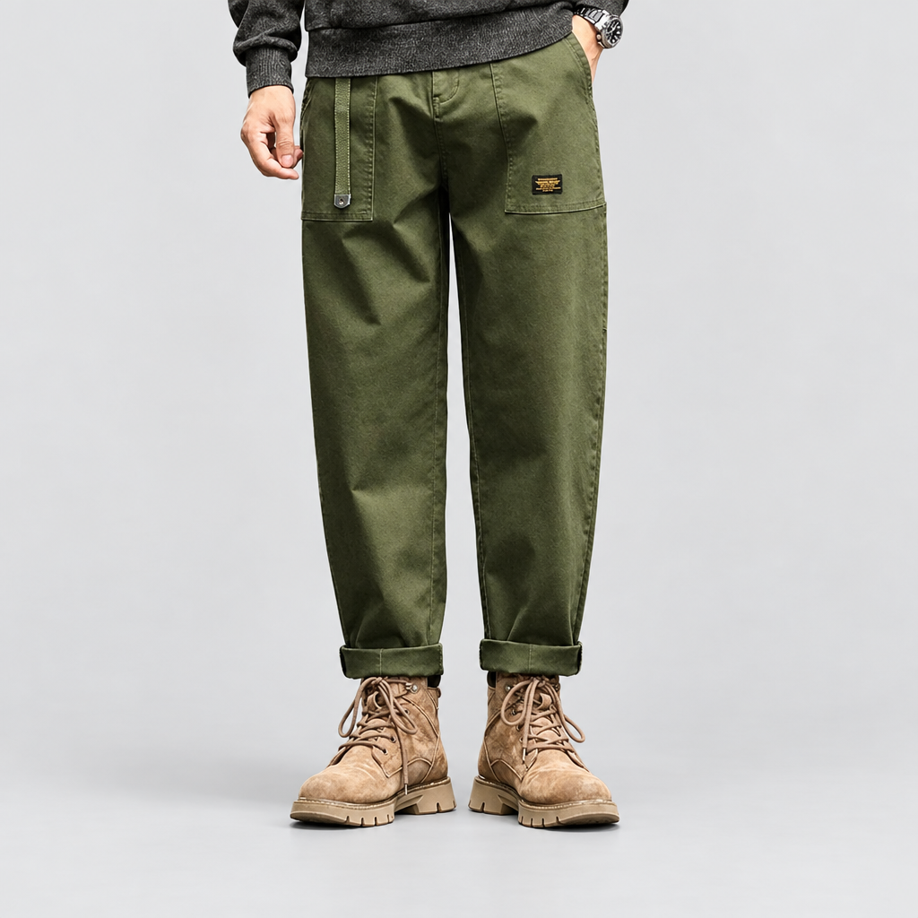 Cargo Trousers Wide Leg Panel Pockets in army green, front view