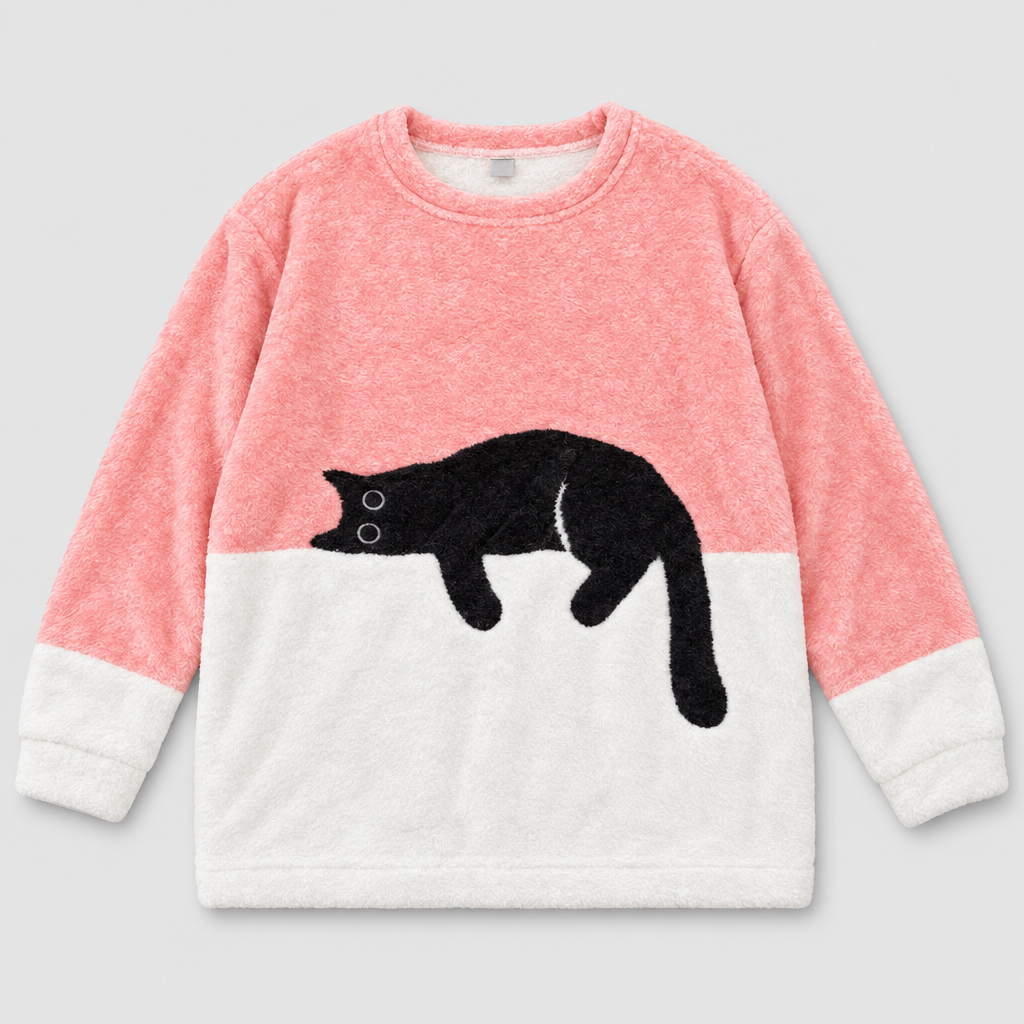 Plush fleece jumper with sleeping cat print in pink and white, front view