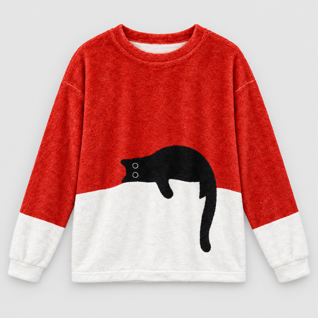 Plush fleece jumper with sleeping cat print in red and white, front view