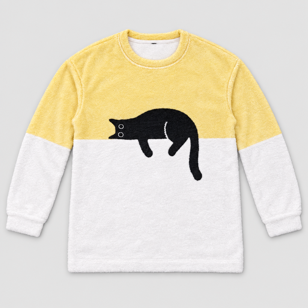Plush fleece jumper with sleeping cat print in yellow and white, front view