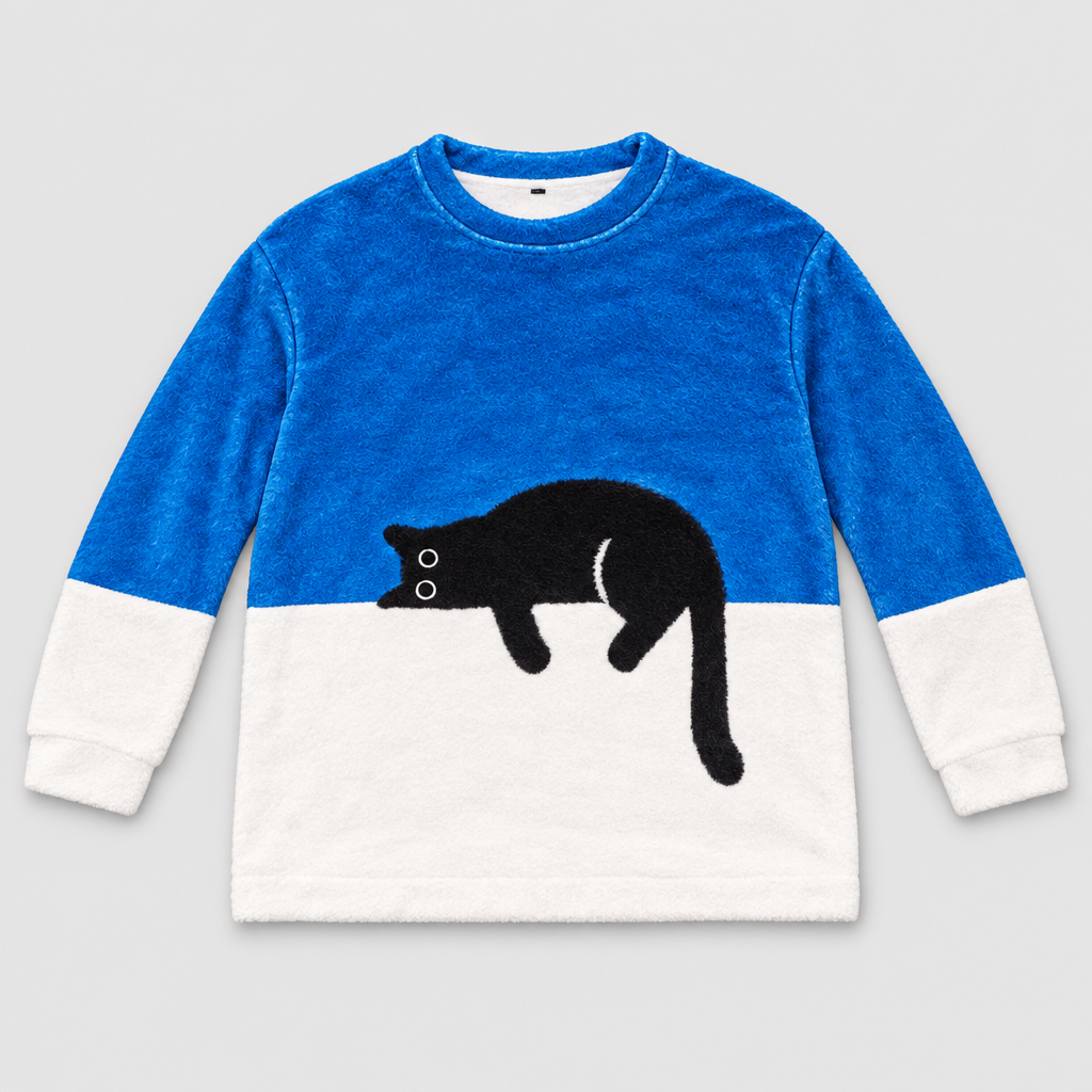 Plush fleece jumper with sleeping cat print in blue and white, front view