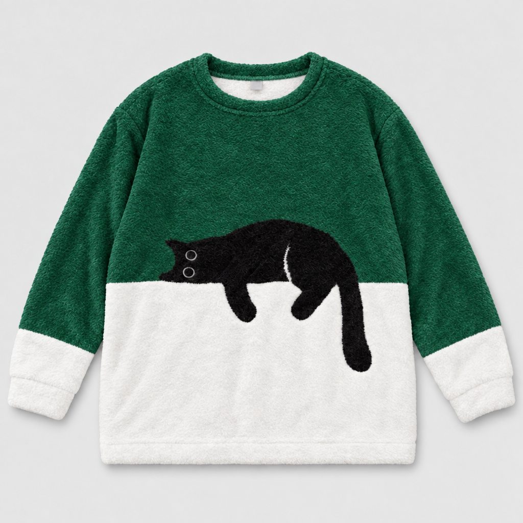 Plush fleece jumper with sleeping cat print in green and white, front view
