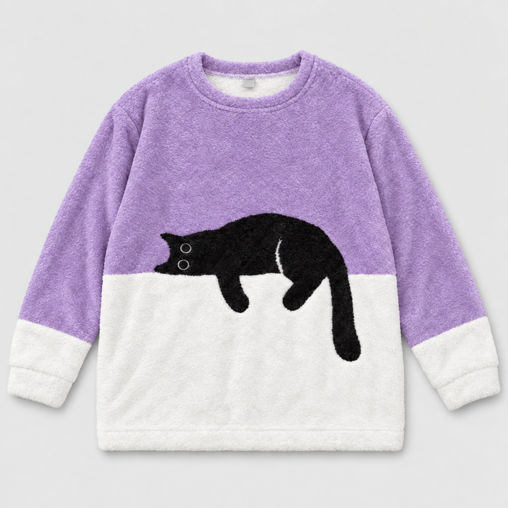 Plush fleece jumper with sleeping cat print in purple and white, front view