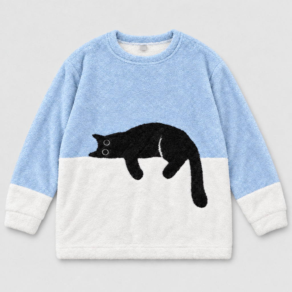 Plush fleece jumper with sleeping cat print in light blue and white, front view