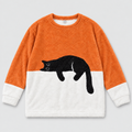 Plush fleece jumper with sleeping cat print in orange and white, front view