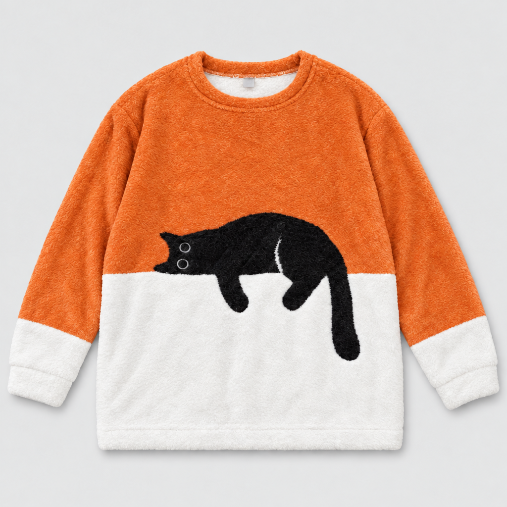 Plush fleece jumper with sleeping cat print in orange and white, front view