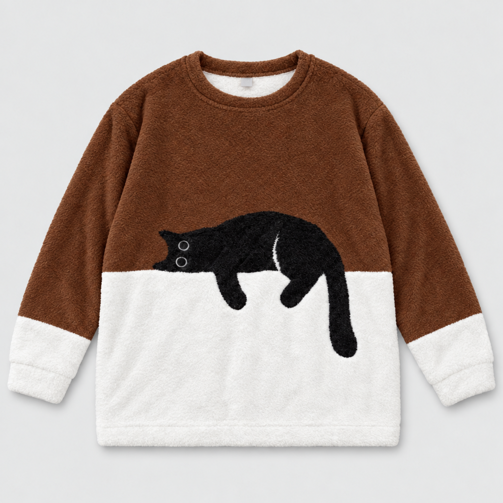 Plush fleece jumper with sleeping cat print in brown and white, front view