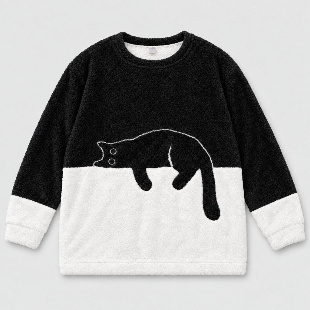 Plush fleece jumper with sleeping cat print in black and white, front view