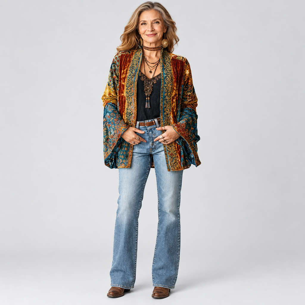 Boho Embroidered Kimono Jacket Longline in burgundy, light grey studio photo