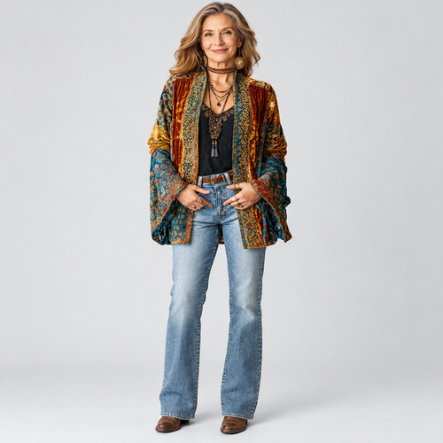 Boho Embroidered Kimono Jacket Longline in burgundy, light grey studio photo