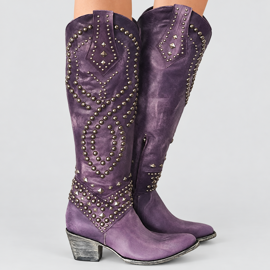 Studded Western Boots Block Heel Zip in purple, light grey studio photo